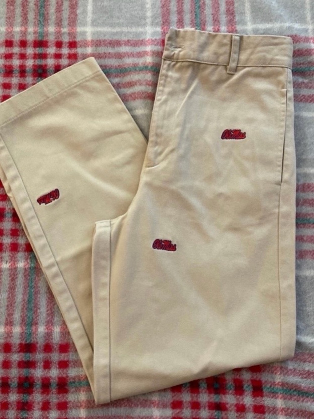 Men's Tan Chinos with Red Embroidered Accents